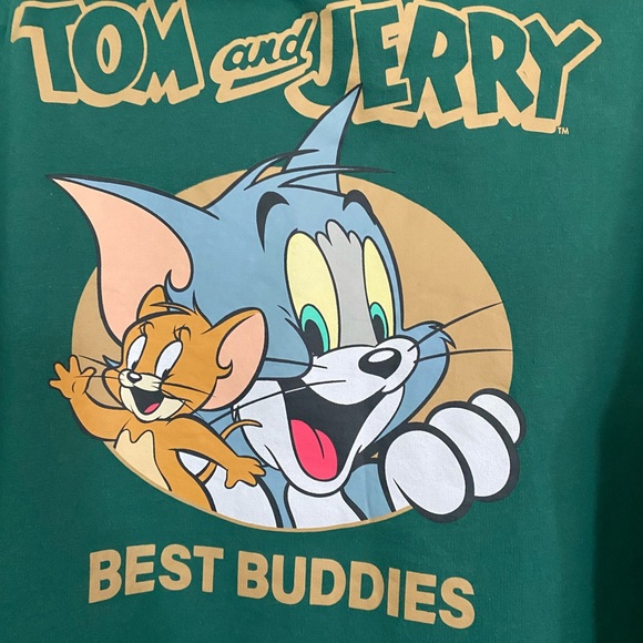 Graphic Print Tom & Jerry Pullover Hoodie Sweatshirt Pouch Pocket Green L - Picture 5 of 12